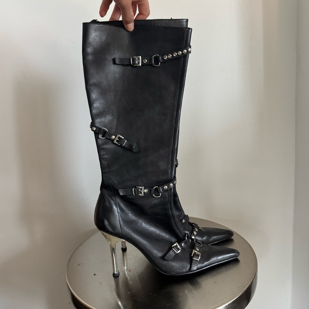 Rare buckle Black Leather Knee-High Boots